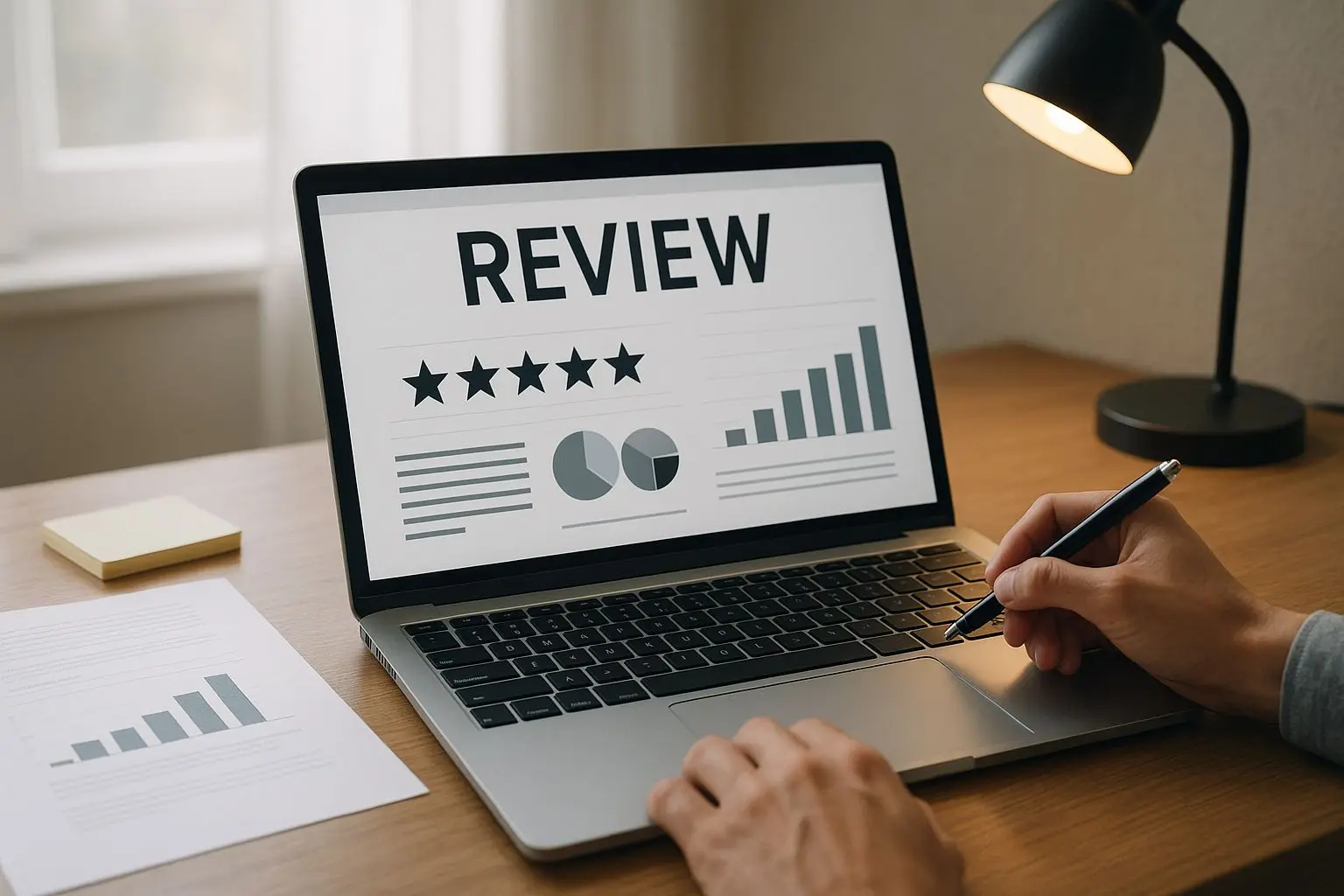 Ilustrační scéna analytika připravujícího recenzi online platformy