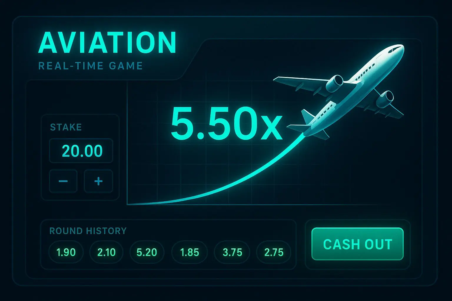 Rozhraní hry Aviator Základní obrazovka Aviatoru s letadlem, multiplikátorem a tlačítkem cash out