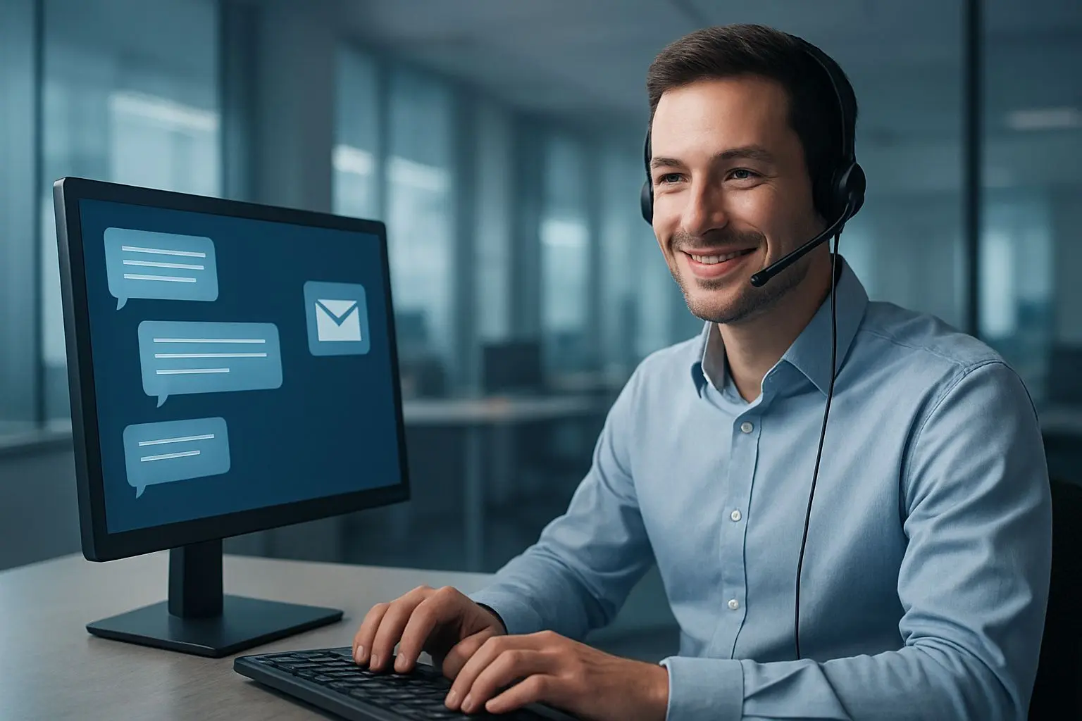 Operátor zákaznické podpory BetX u počítače s ikonami chatu a emailu