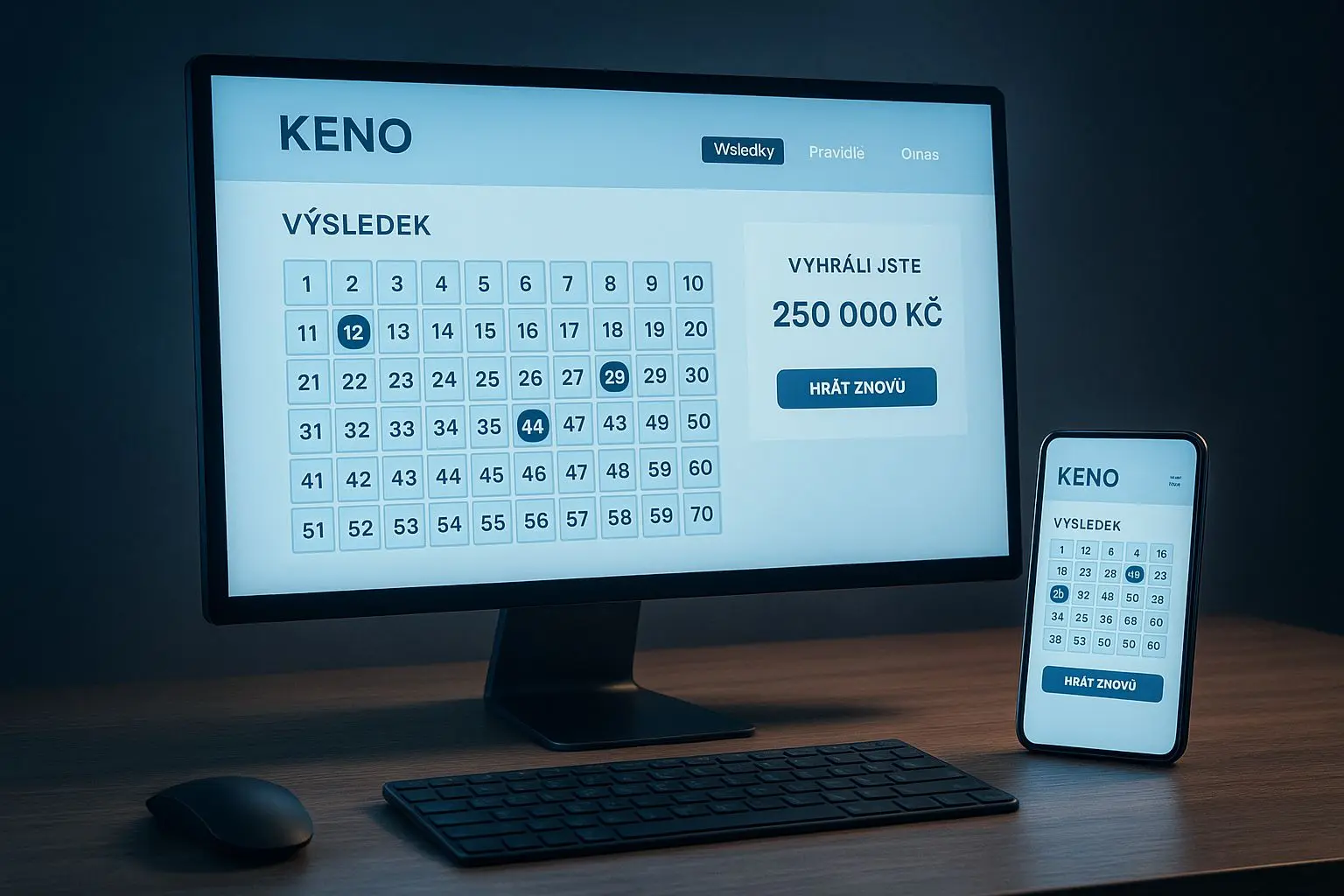 Online tiket Keno se zvýrazněnými výherními čísly na počítači a mobilu