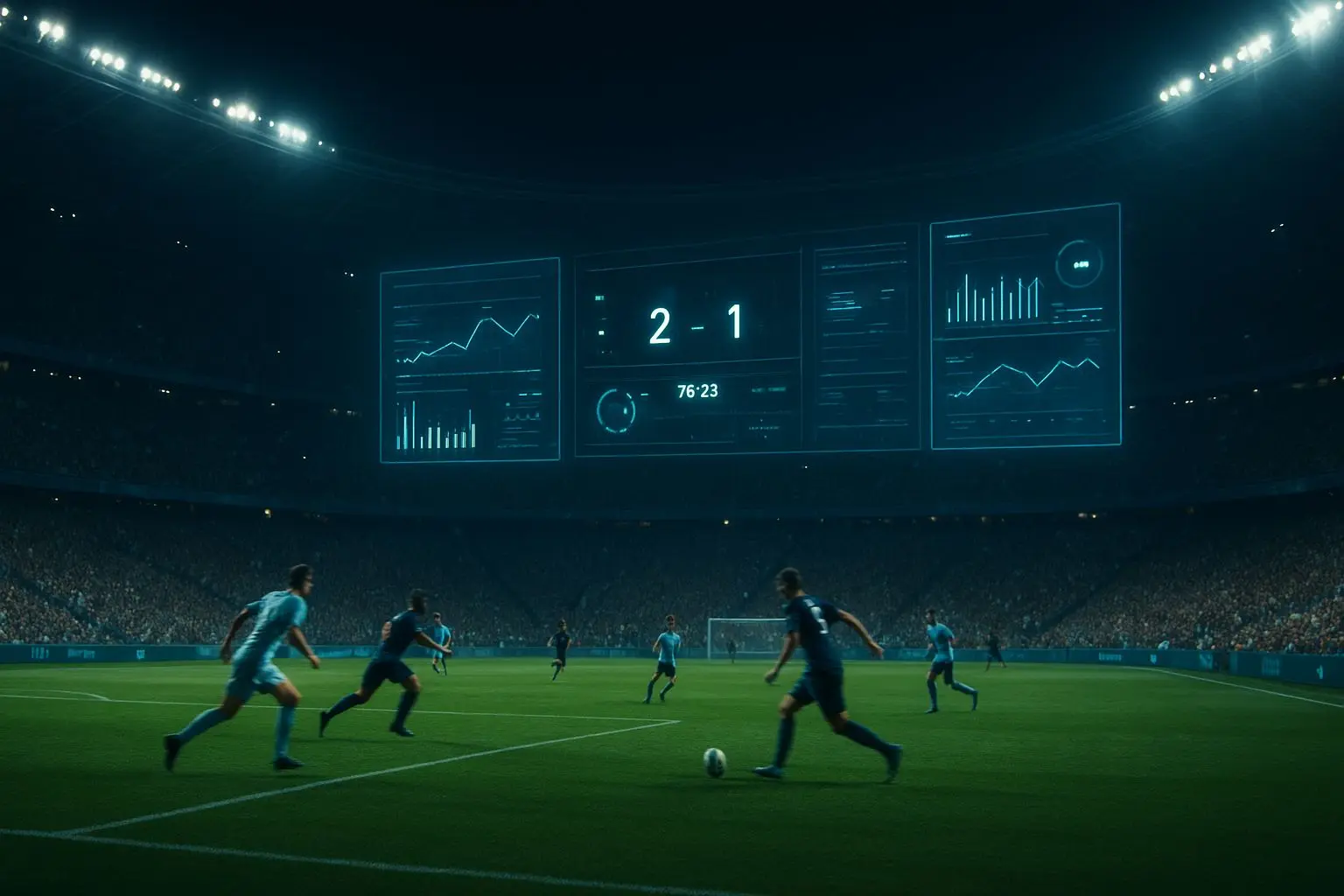 Dynamická sportovní scéna na stadionu s živými statistikami na obrazovce