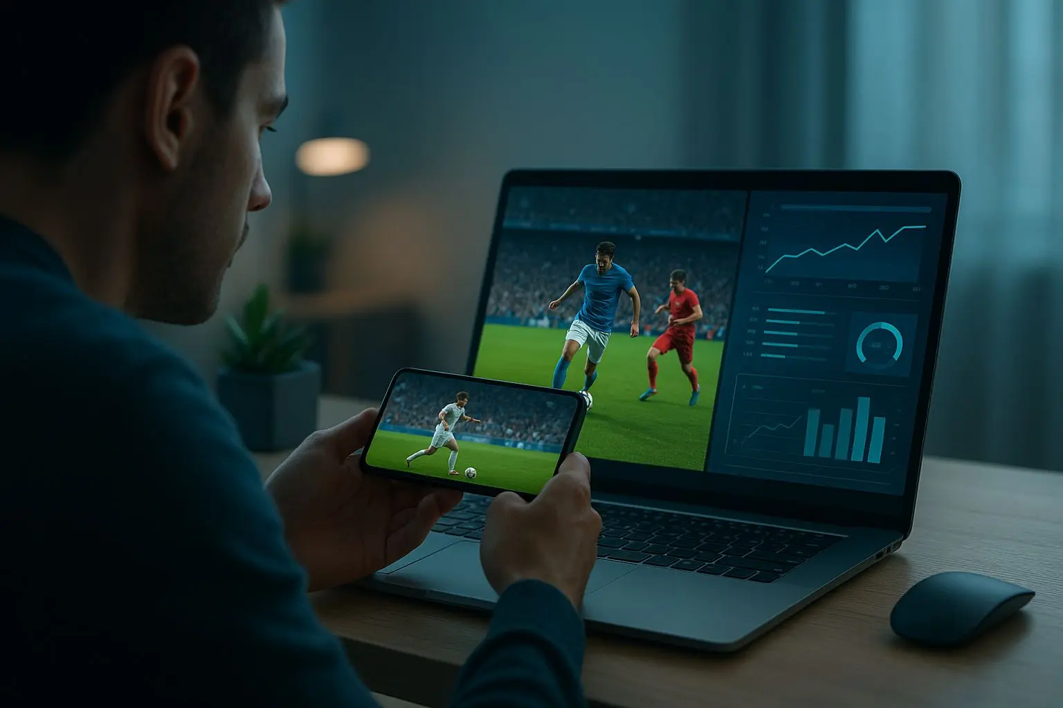 Uživatel sleduje sportovní zápas na mobilu a notebooku s přehledem kurzů BetX