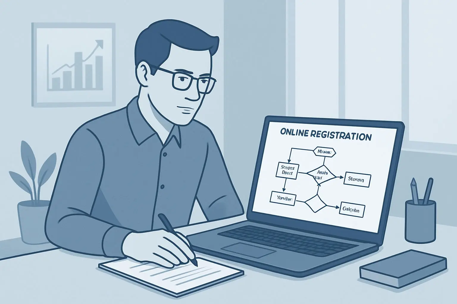 Ilustrace autora analyzujícího registrační proces na notebooku