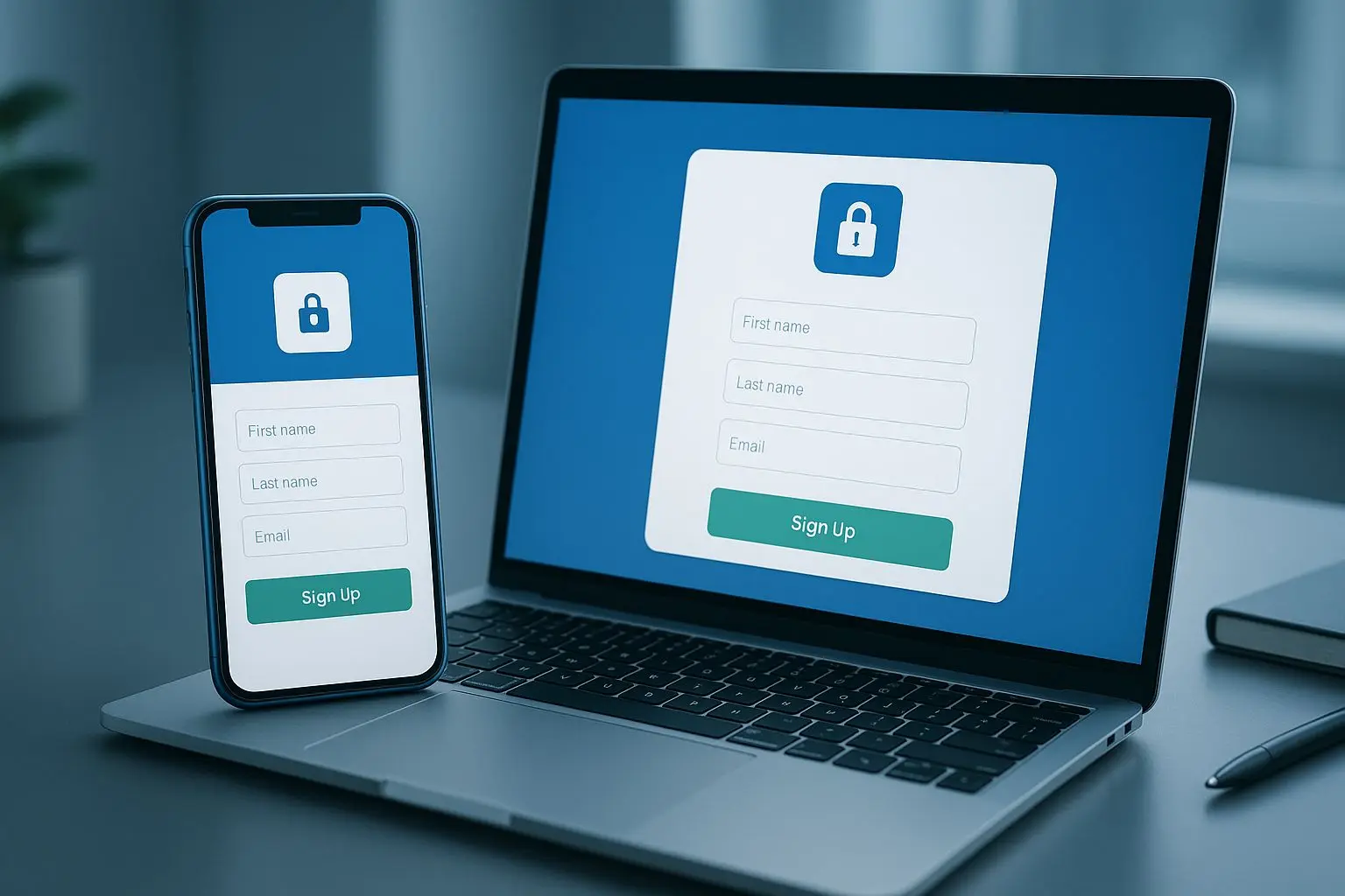 Mobil a notebook se zobrazenou online registrací uživatelského účtu