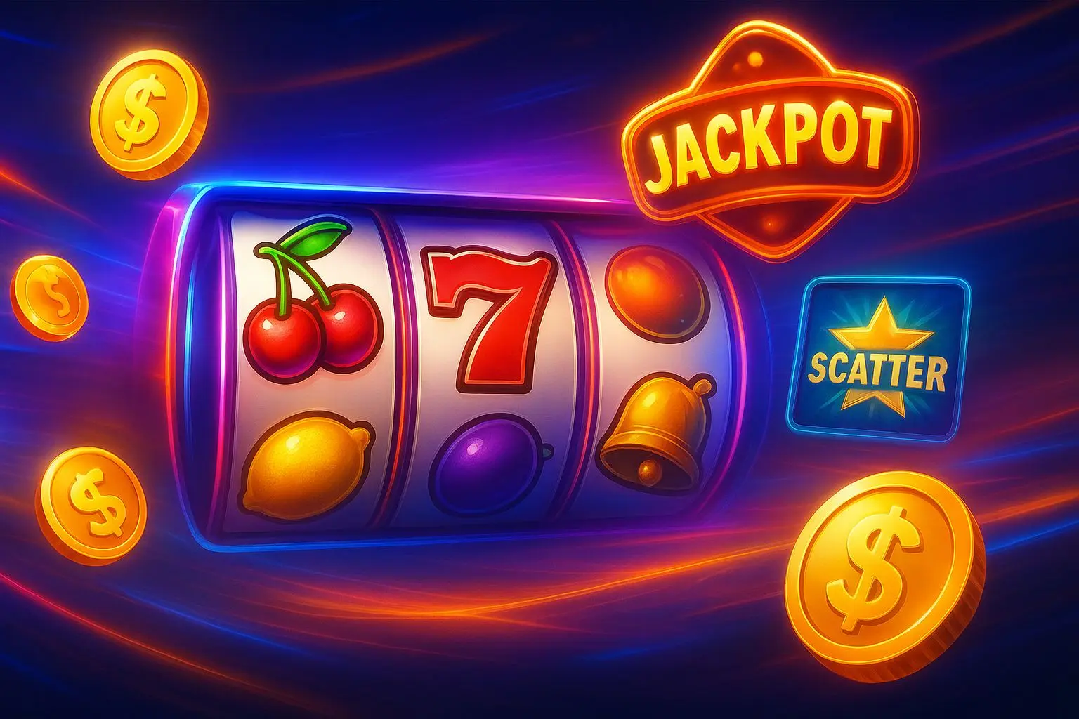 Koláž symbolů online automatů s ovocem, sedmičkami, scattery a jackpot prvky
