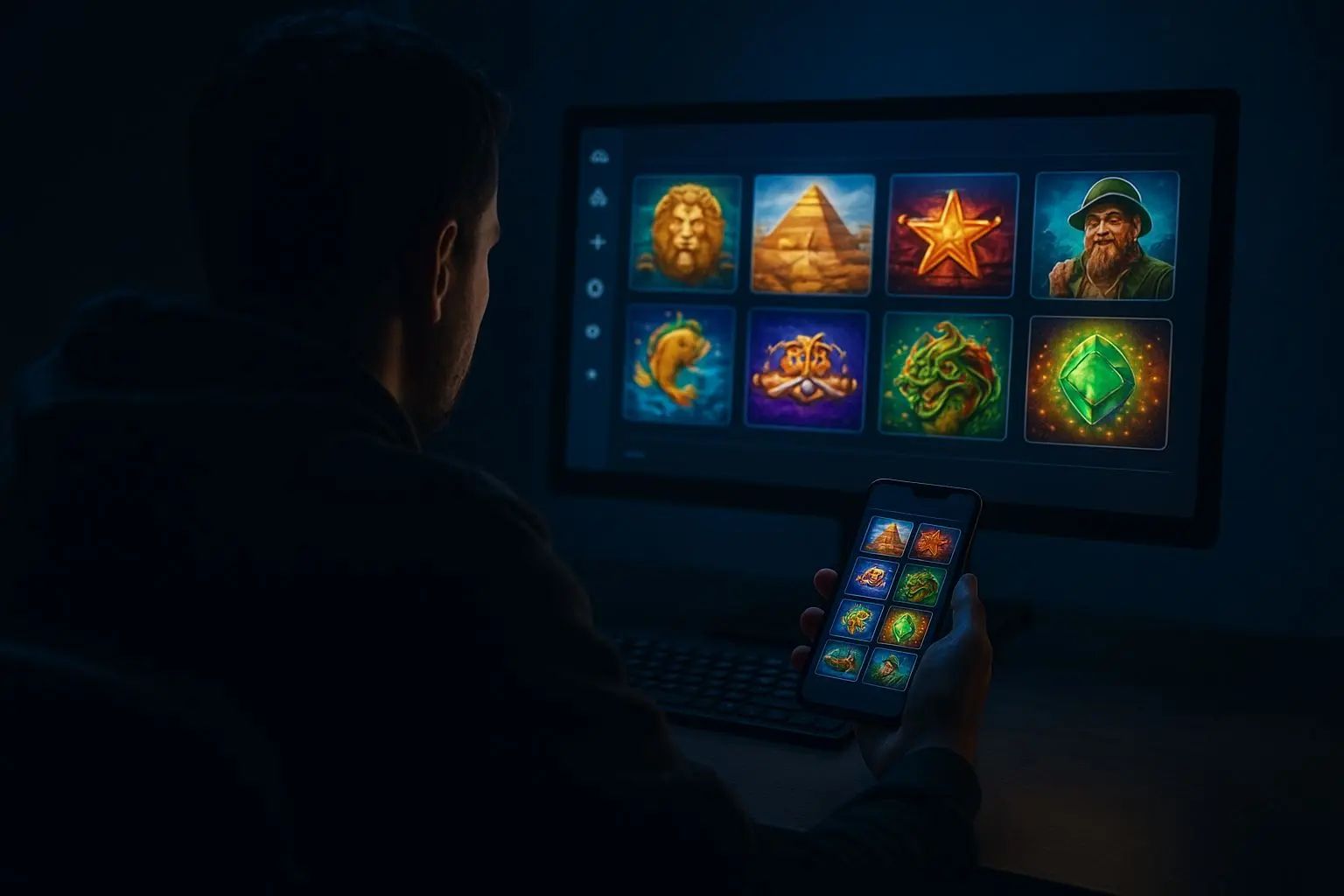 Uživatel vybírá slot z online katalogu na počítači a mobilu