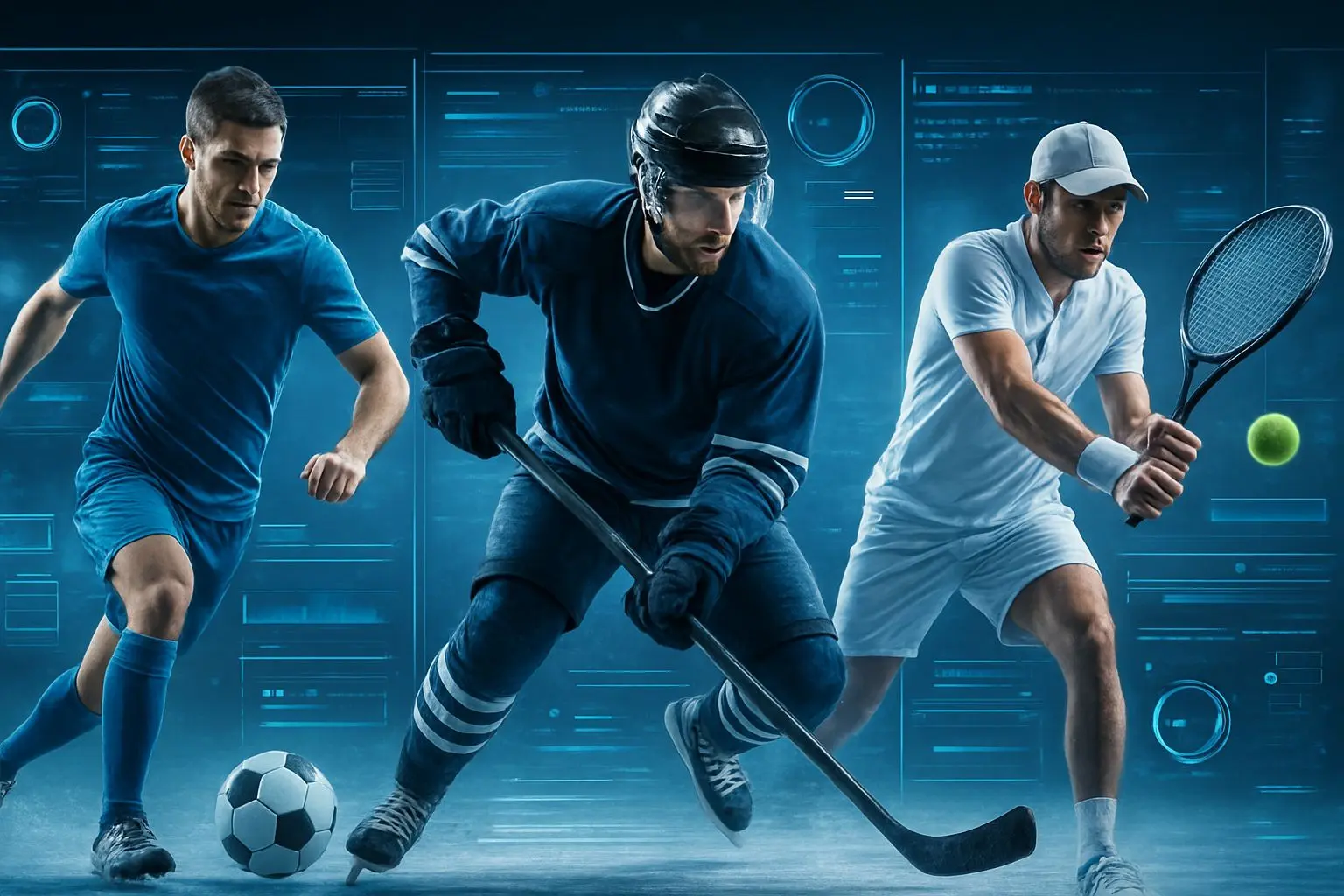 Koláž fotbalu, hokeje a tenisu se sportovními statistikami