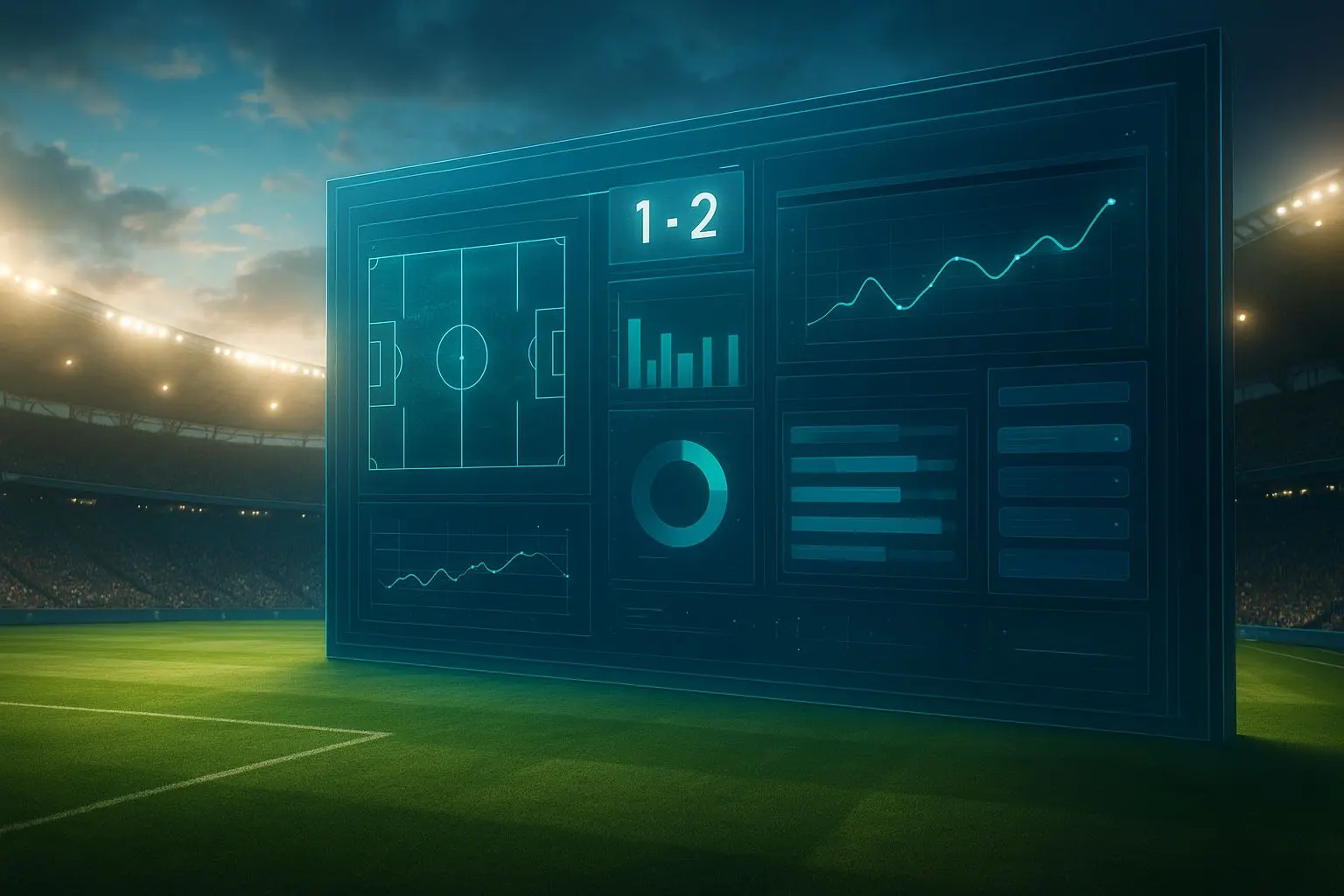 Sportovní stadion a digitální rozhraní se statistikami zápasů