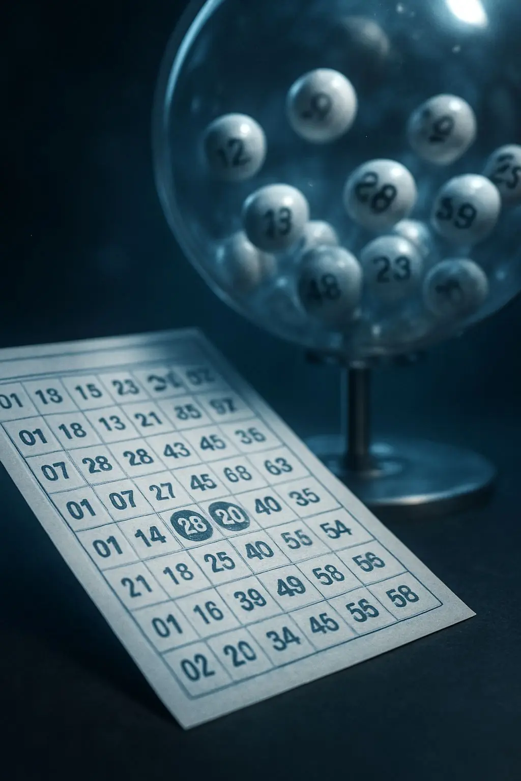 Tiket s čísly a tažené kuličky při losování číselné hry